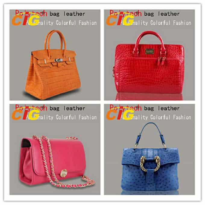 Four colorful leather handbags in orange, red, pink, and blue displayed with brand logos.