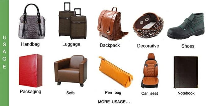 A chart showcasing various leather products categorized by usage: handbag, luggage, backpack, decorative item, shoes, packaging, sofa, pen bag, car seat, and notebook.