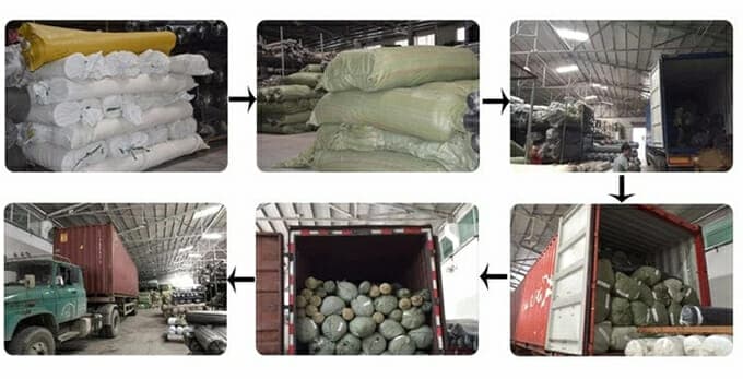 Pildiseeria, mis tutvustab suurte kottide ja valtsitud kangaste laadimist veoautodele tööstuslikus laos.