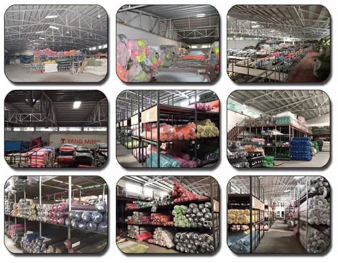 Collage of various images showing the interior of a large warehouse stocked with diverse items like clothing, fabrics, containers, and general merchandise.