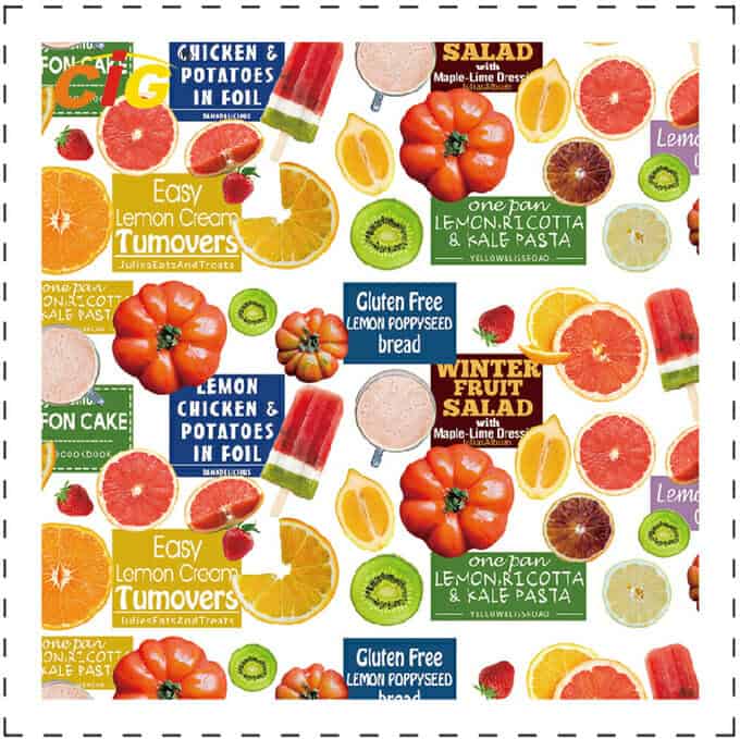 Spilgtas krāsas dažādu citrusaugļu, piemēram, apelsīnu, citronu un greipfrūtu, kolāža ar teksta fragmentiem par ēdienu receptēm.