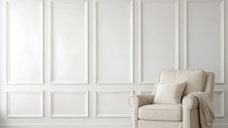 Close-up of white PVC wall panels with decorative molding, showcasing a clean and modern wall finish ideal for interior wall renovation projects.